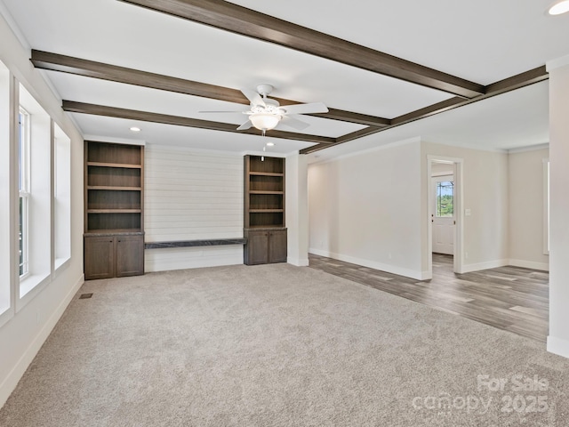 206 Walnut Branch Rd, Weaverville, NC 28787 - unfurnished living room with carpet, beam ceiling, ceiling fan, and recessed lighting