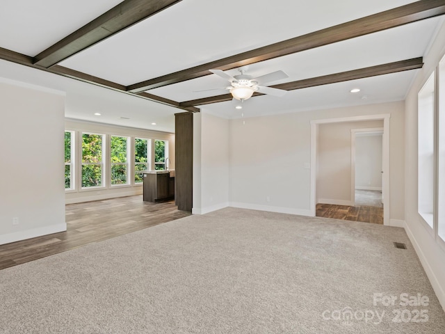 206 Walnut Branch Rd, Weaverville, NC 28787 - unfurnished room featuring light colored carpet, recessed lighting, beamed ceiling, ceiling fan, and light wood-type flooring