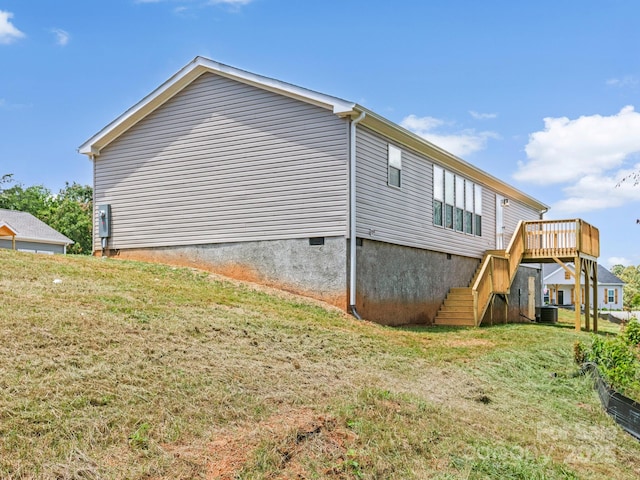 206 Walnut Branch Rd, Weaverville, NC 28787 - view of home's exterior featuring stairs, a lawn, a wooden deck, and crawl space