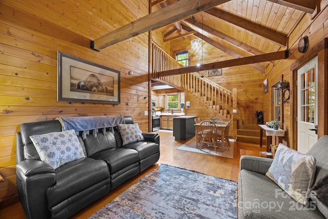 83 Log Cabin Dr, Maggie Valley, NC 28751 - living room featuring stairs, wooden walls, wood finished floors, and wood ceiling