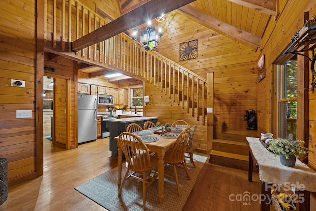 83 Log Cabin Dr, Maggie Valley, NC 28751 - dining area with wood walls, stairs, light wood-style flooring, a chandelier, and high vaulted ceiling