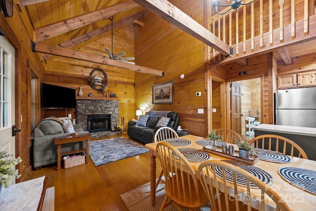 83 Log Cabin Dr, Maggie Valley, NC 28751 - dining space with wood walls, ceiling fan, hardwood / wood-style flooring, a fireplace, and high vaulted ceiling