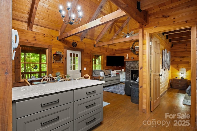 83 Log Cabin Dr, Maggie Valley, NC 28751 - kitchen with gray cabinetry, wooden walls, plenty of natural light, light wood-type flooring, and a wood ceiling with exposed beams