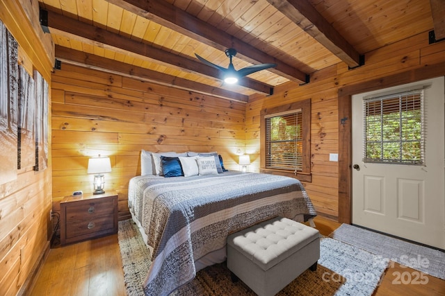 83 Log Cabin Dr, Maggie Valley, NC 28751 - bedroom with a wooden ceiling with exposed beams, wooden walls, and light wood-style floors