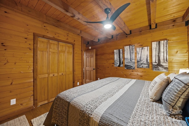 83 Log Cabin Dr, Maggie Valley, NC 28751 - bedroom featuring wood walls, a wooden ceiling with exposed beams, wood finished floors, and a closet