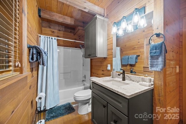 83 Log Cabin Dr, Maggie Valley, NC 28751 - full bath featuring wood walls, vanity, a wooden ceiling with exposed beams, shower / bath combo, and wood finished floors