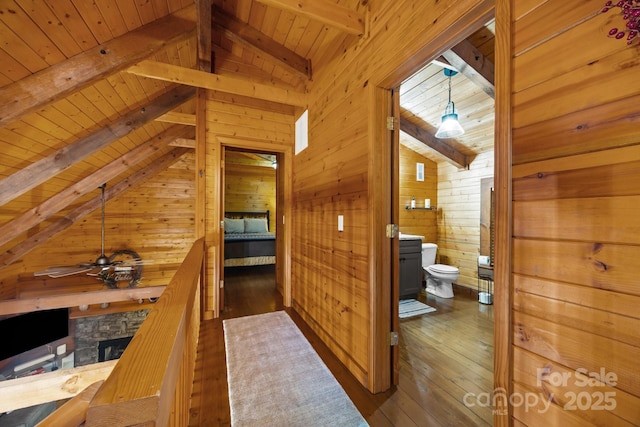 83 Log Cabin Dr, Maggie Valley, NC 28751 - hallway featuring wood ceiling, dark wood finished floors, and wood walls