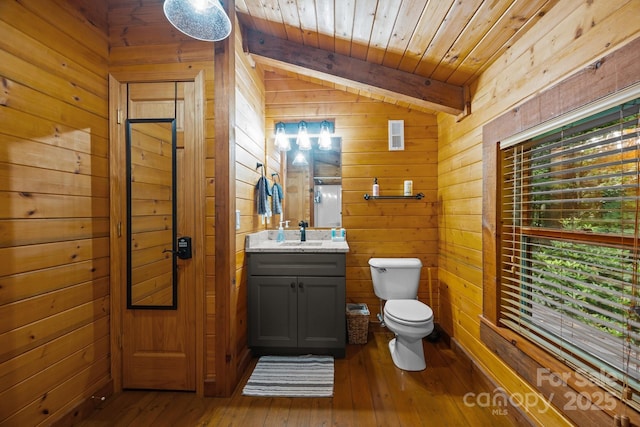 83 Log Cabin Dr, Maggie Valley, NC 28751 - bathroom with wooden walls, hardwood / wood-style flooring, vanity, and wood ceiling