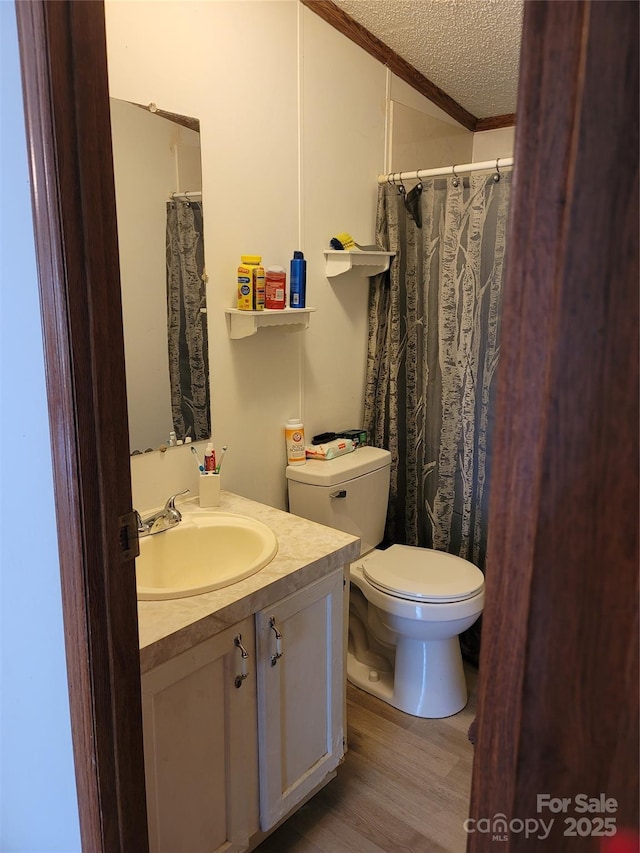111 Crystal Creek Dr, China Grove, NC 28023 - bathroom with a textured ceiling, vanity, wood finished floors, and ornamental molding