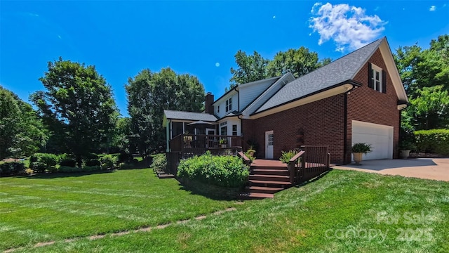 1240 Fawn Ridge Rd NW, Concord, NC 28027 - view of property exterior with concrete driveway, brick siding, a wooden deck, a chimney, and a yard