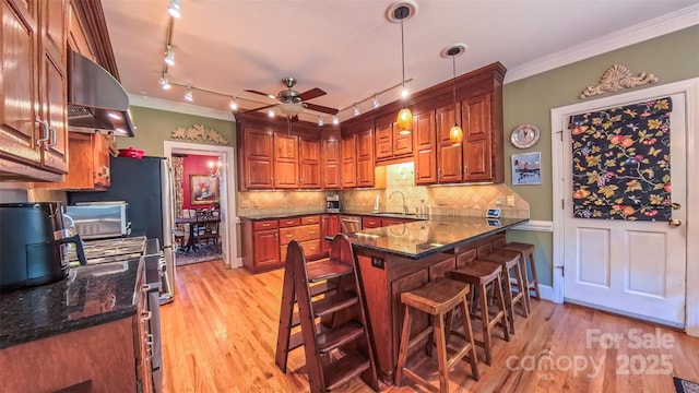 1240 Fawn Ridge Rd NW, Concord, NC 28027 - kitchen featuring ventilation hood, crown molding, track lighting, a ceiling fan, and light wood-type flooring