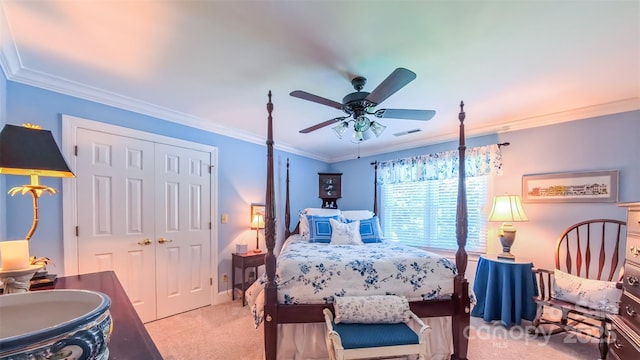 1240 Fawn Ridge Rd NW, Concord, NC 28027 - bedroom featuring carpet, a closet, crown molding, and ceiling fan