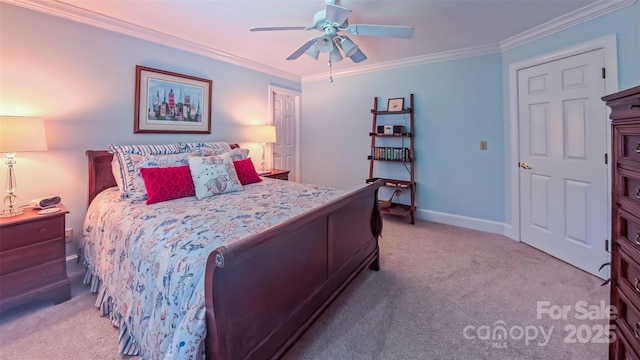 1240 Fawn Ridge Rd NW, Concord, NC 28027 - bedroom featuring light colored carpet, ornamental molding, and a ceiling fan