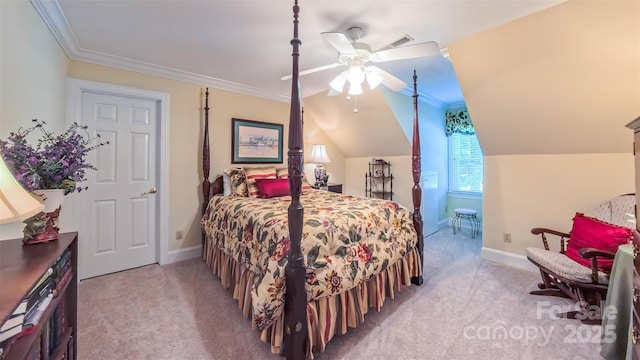 1240 Fawn Ridge Rd NW, Concord, NC 28027 - bedroom with carpet floors, ornamental molding, ceiling fan, and vaulted ceiling