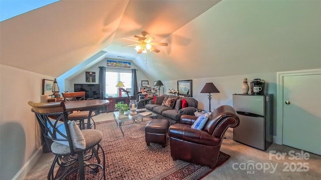 1240 Fawn Ridge Rd NW, Concord, NC 28027 - carpeted living area featuring a ceiling fan and vaulted ceiling