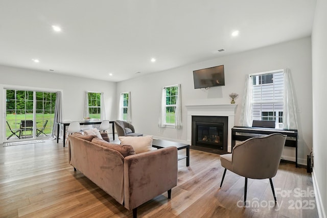 812 Dogwood Creek Ln, Indian Trail, NC 28079 - living room with healthy amount of natural light, recessed lighting, a fireplace with flush hearth, and wood finished floors