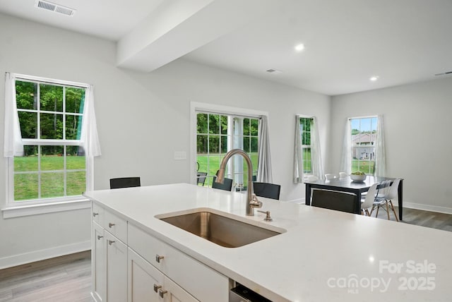 812 Dogwood Creek Ln, Indian Trail, NC 28079 - kitchen featuring light wood-type flooring, light countertops, healthy amount of natural light, white cabinets, and recessed lighting