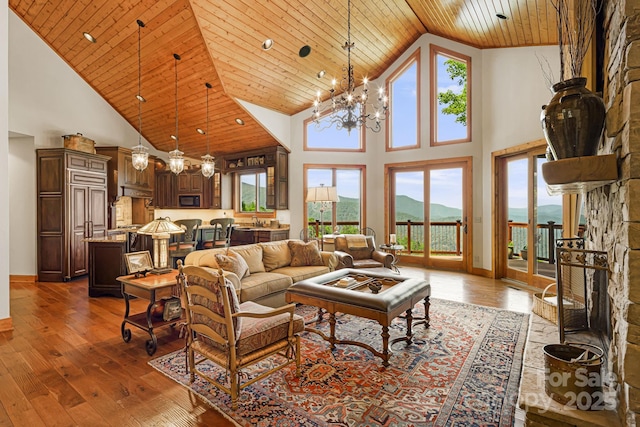 197 Cherry Knob Dr Unit 23, Mars Hill, NC 28754 - living area featuring high vaulted ceiling, wood ceiling, hardwood / wood-style flooring, and a chandelier