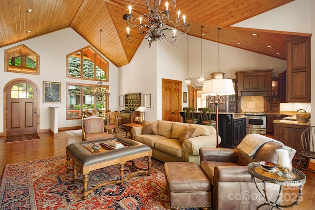197 Cherry Knob Dr Unit 23, Mars Hill, NC 28754 - living room featuring a chandelier, wooden ceiling, high vaulted ceiling, and wood finished floors