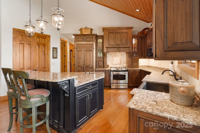 197 Cherry Knob Dr Unit 23, Mars Hill, NC 28754 - kitchen featuring stainless steel gas range oven, light wood-style floors, a kitchen breakfast bar, glass insert cabinets, and an island with sink