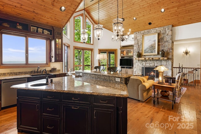 197 Cherry Knob Dr Unit 23, Mars Hill, NC 28754 - kitchen with wood ceiling, high vaulted ceiling, dark cabinets, healthy amount of natural light, and light wood-style flooring