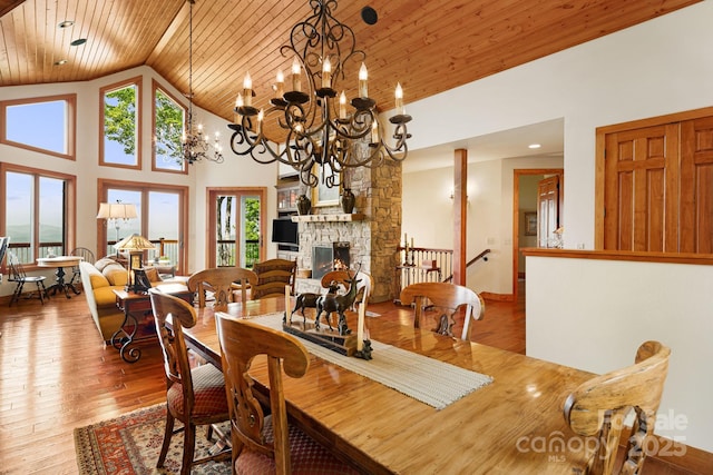 197 Cherry Knob Dr Unit 23, Mars Hill, NC 28754 - dining space with wood ceiling, high vaulted ceiling, hardwood / wood-style flooring, a fireplace, and a chandelier