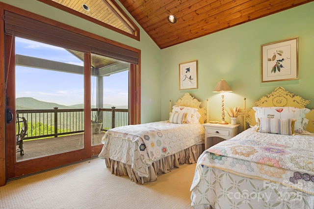 197 Cherry Knob Dr Unit 23, Mars Hill, NC 28754 - bedroom featuring carpet floors, access to exterior, vaulted ceiling, wooden ceiling, and a mountain view