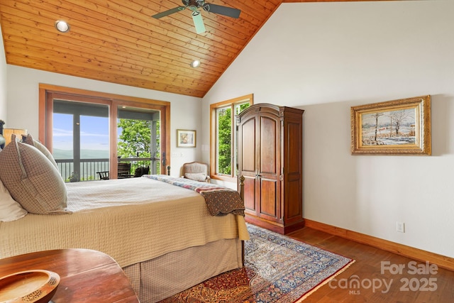 197 Cherry Knob Dr Unit 23, Mars Hill, NC 28754 - bedroom with access to outside, wood finished floors, wooden ceiling, high vaulted ceiling, and a ceiling fan
