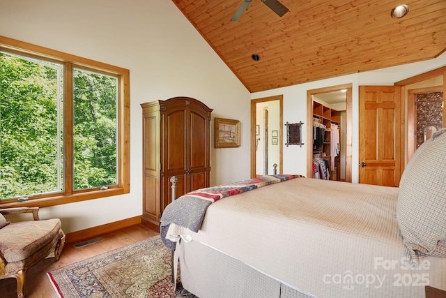 197 Cherry Knob Dr Unit 23, Mars Hill, NC 28754 - bedroom with light wood-style flooring, a walk in closet, wood ceiling, ceiling fan, and high vaulted ceiling
