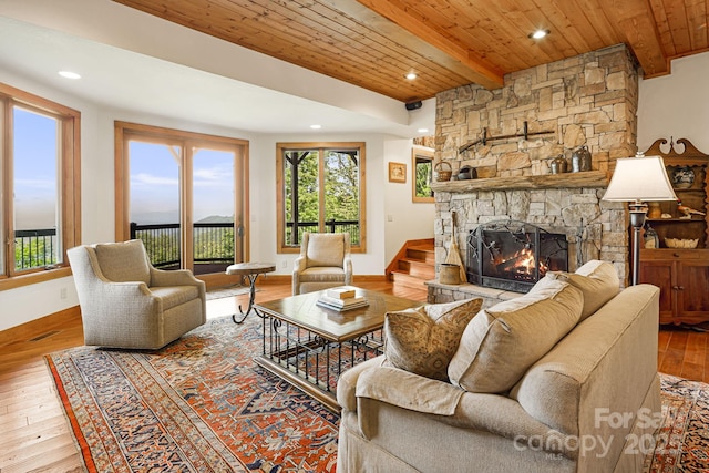 197 Cherry Knob Dr Unit 23, Mars Hill, NC 28754 - living room with a wooden ceiling with exposed beams, a fireplace, wood finished floors, and recessed lighting