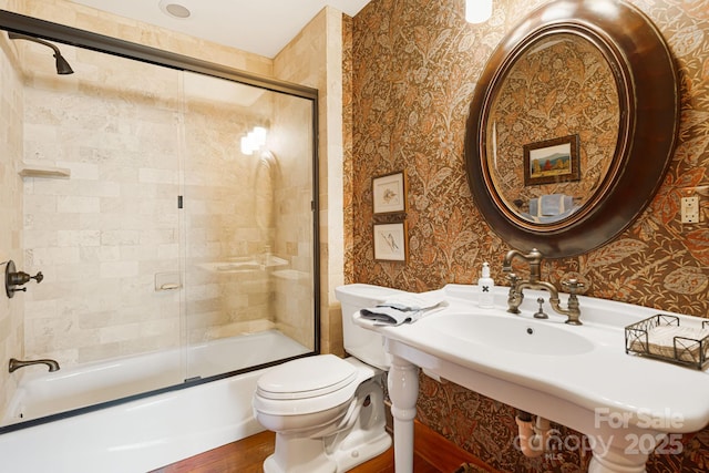 197 Cherry Knob Dr Unit 23, Mars Hill, NC 28754 - bathroom with shower / bath combination with glass door, wallpapered walls, and wood finished floors