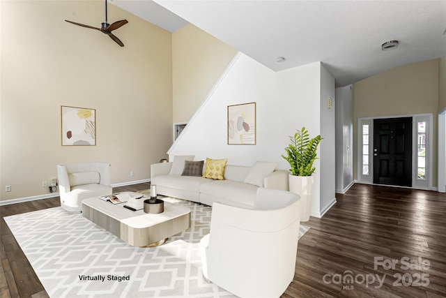 89 Woodfern Rd, Fletcher, NC 28732 - living area featuring dark wood-style flooring, ceiling fan, and high vaulted ceiling