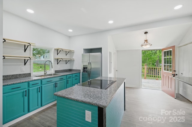 308 Hickory St, Granite Falls, NC 28630 - kitchen featuring open shelves, black electric cooktop, stainless steel refrigerator with ice dispenser, light wood-style floors, and recessed lighting