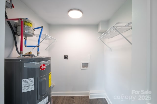 308 Hickory St, Granite Falls, NC 28630 - laundry area featuring electric water heater, wood finished floors, hookup for an electric dryer, and washer hookup