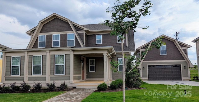 259 Luray Way Unit 443, Rock Hill, SC 29730 - view of front of property featuring a gambrel roof, a front yard, concrete driveway, a porch, and a garage