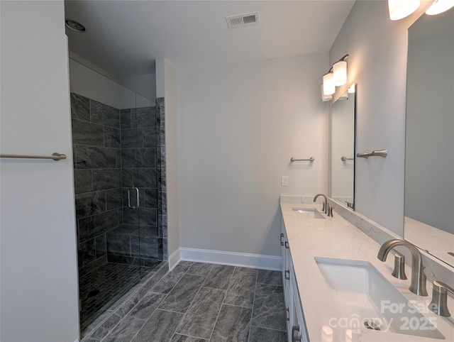 259 Luray Way Unit 443, Rock Hill, SC 29730 - bathroom with double vanity, a shower stall, and marble look tiles