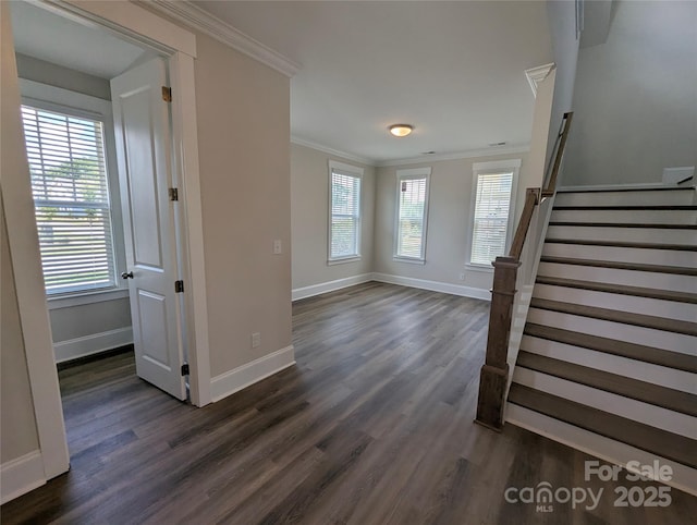 259 Luray Way Unit 443, Rock Hill, SC 29730 - unfurnished living room with dark wood-style floors, stairs, ornamental molding, and healthy amount of natural light