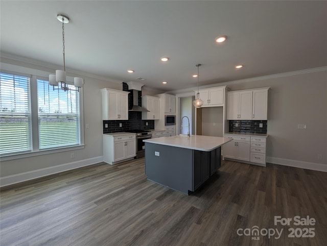 259 Luray Way Unit 443, Rock Hill, SC 29730 - kitchen featuring stainless steel appliances, wall chimney exhaust hood, backsplash, ornamental molding, and dark wood finished floors