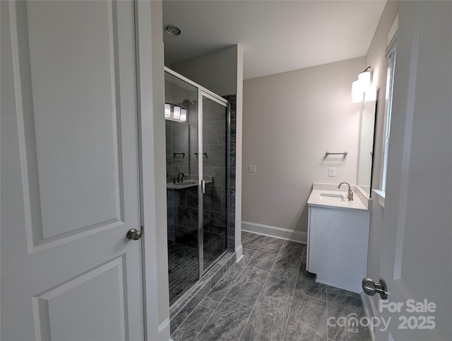 259 Luray Way Unit 443, Rock Hill, SC 29730 - bathroom featuring marble look tiles, vanity, and a shower stall