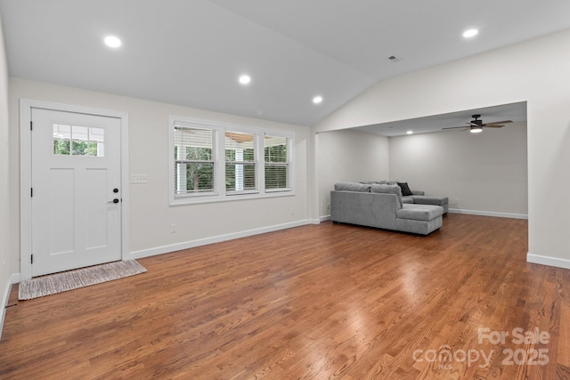 1115 Sides Rd, Salisbury, NC 28146 - entryway featuring wood finished floors, a ceiling fan, lofted ceiling, and recessed lighting