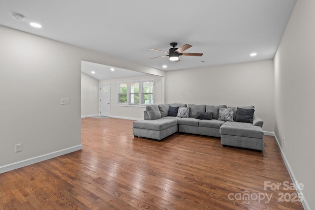 1115 Sides Rd, Salisbury, NC 28146 - living area with wood finished floors, a ceiling fan, and recessed lighting