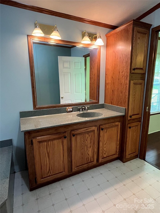 184 Winding Arbor Cir, Cleveland, NC 27013 - bathroom featuring tile patterned floors, crown molding, and vanity