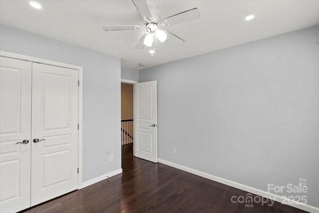 2527 Fossil Stone Ln, Fort Mill, SC 29708 - unfurnished bedroom with wood finished floors, a closet, recessed lighting, and ceiling fan