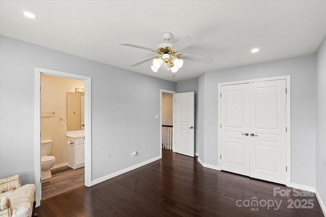 2527 Fossil Stone Ln, Fort Mill, SC 29708 - unfurnished bedroom featuring wood finished floors, a closet, recessed lighting, connected bathroom, and ceiling fan