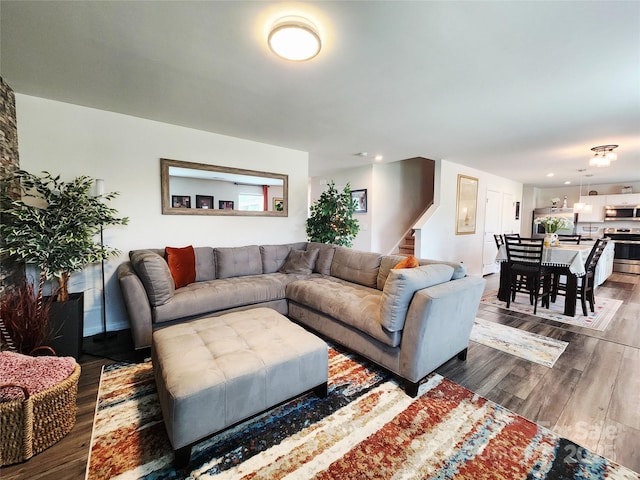 1047 Campbell Chase Ln SW, Concord, NC 28025 - living area with stairs, dark wood-type flooring, and recessed lighting