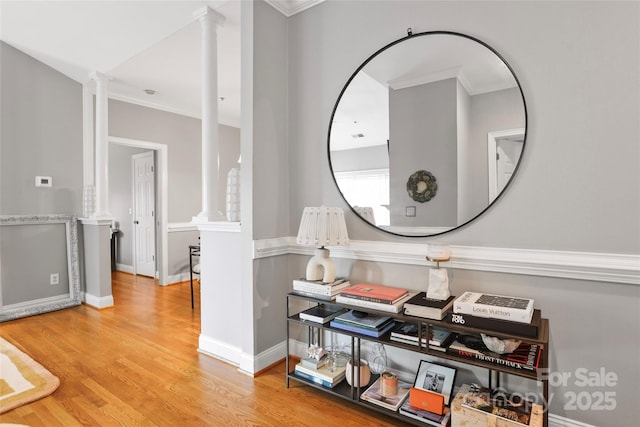 5730 Closeburn Rd Unit N, Charlotte, NC 28210 - hallway with decorative columns, crown molding, and wood finished floors