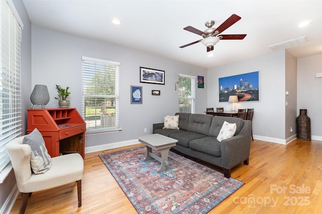 501 Mercury St, Charlotte, NC 28205 - living room featuring light wood-style flooring, ceiling fan, and recessed lighting