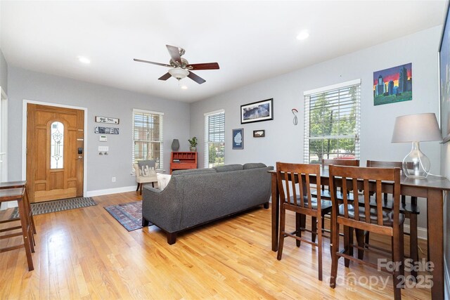 501 Mercury St, Charlotte, NC 28205 - living room with light wood-style flooring, a ceiling fan, and recessed lighting