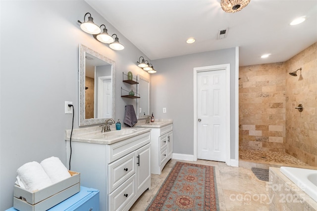 501 Mercury St, Charlotte, NC 28205 - bathroom featuring vanity, a tile shower, tiled tub, and recessed lighting