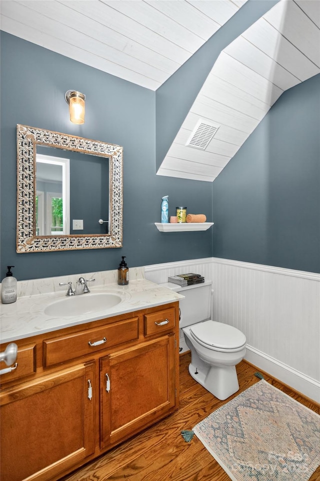 8300 Quarters Ln, Mint Hill, NC 28227 - bathroom with lofted ceiling, vanity, wood finished floors, and a wainscoted wall